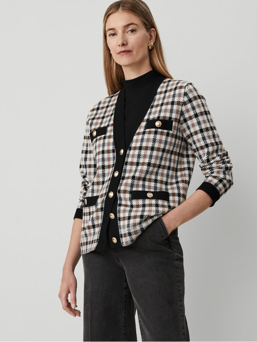 Ann Taylor Black White Tan Checked Knit Cardigan Blazer